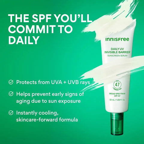 Daily UV Invisible Barrier Sunscreen Serum Broad Spectrum SPF 47 with Green Tea